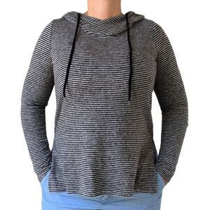 Karen Kane Black Gray Striped Sweatshirt Cross Neck Adjustable Hooded Size M